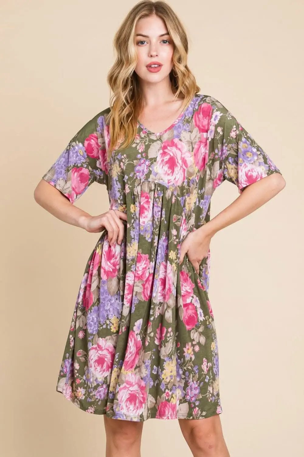 BOMBOM Flower Print V-Neck Ruched Dress for Effortless Elegance - Love Salve